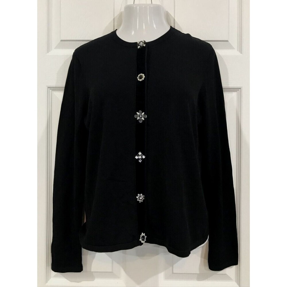 Dressy Black Cardigan Jones New York L Signature Rhinestone Button Velvet Ribbon